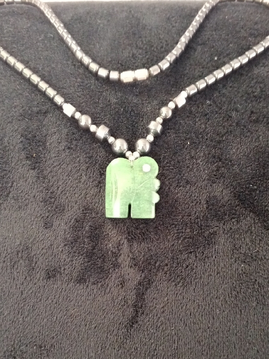 Jewelry - Carved Green Elephant Pendant on Dark Beaded Necklace